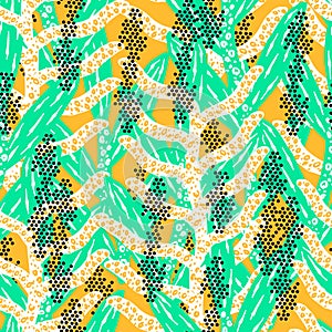 Pattern of abstract white and green plants with black dots on a yellow background, abstract snake skin, vector seamless pattern
